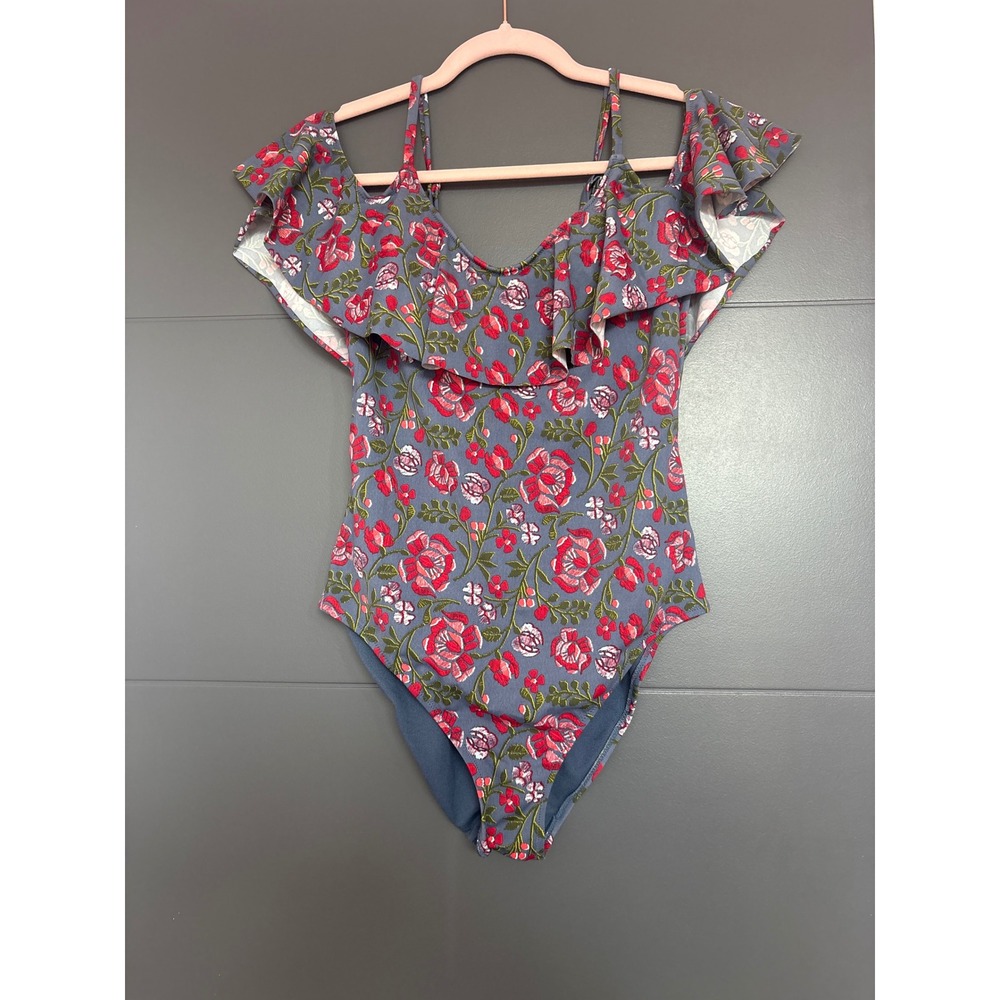 Adore Me Women's Floral Print Ruffle One Piece Swimsuit Gray Red‎ Medium